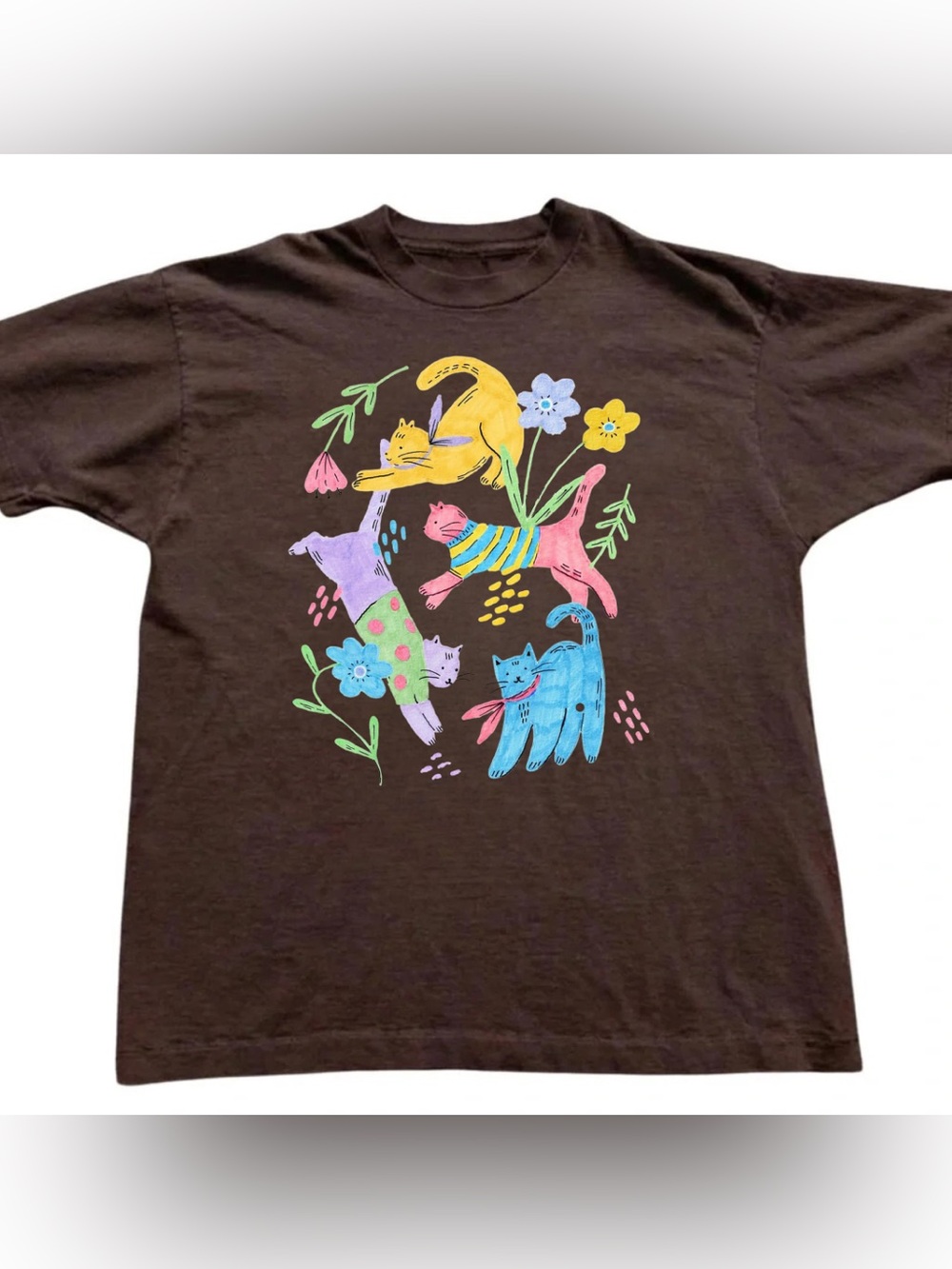 Playful Multicolor Cats And Flowers Graphic Tee - Dark Brown Vintage
